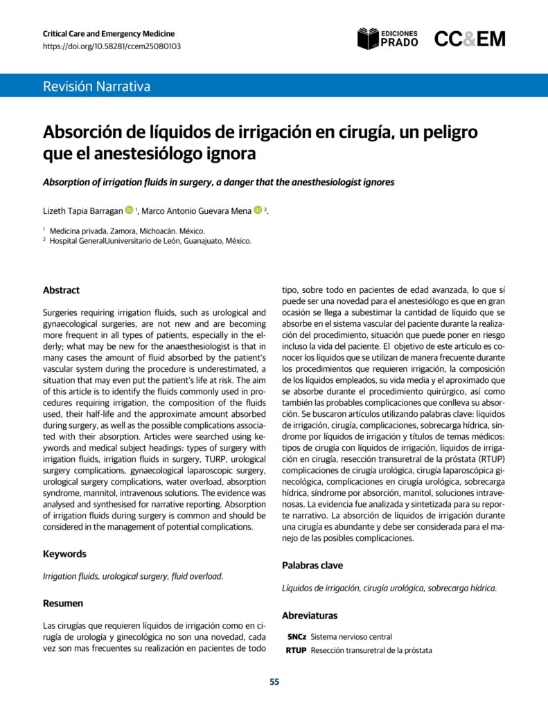 Absorción de líquidos de irrigación en cirugía, un peligroque el anestesiólogo ignora.