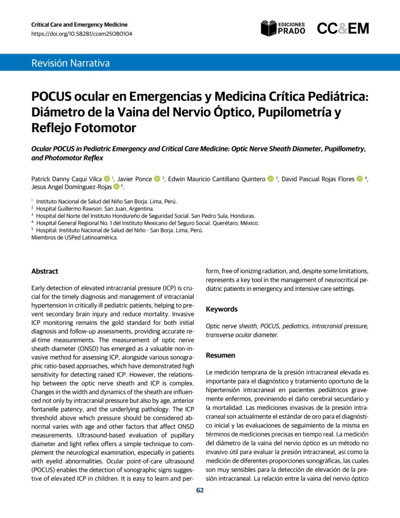 POCUS ocular en Emergencias y Medicina Crítica Pediátrica:Diámetro de la Vaina del Nervio Óptico, Pupilometría y Reflejo Fotomotor.