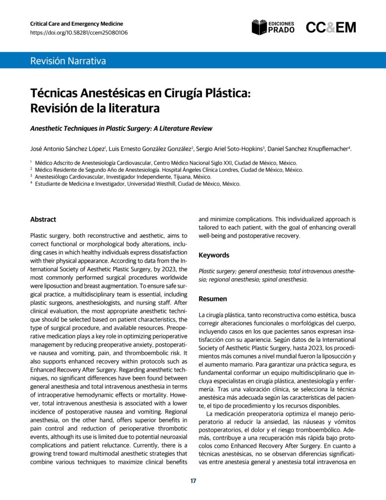 Técnicas Anestésicas en Cirugía Plástica:Revisión de la literatura.