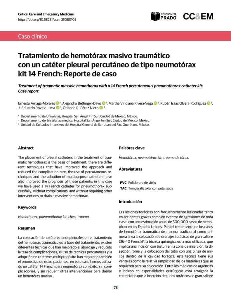 Tratamiento de hemotórax masivo traumáticocon un catéter pleural percutáneo de tipo neumotóraxkit 14 French: Reporte de caso.